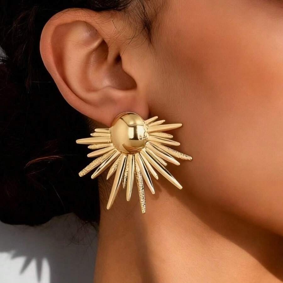European And American Cross-Border Irregular Geometric Exaggerated Metal Texture Creative Sunflower Earrings Middle Eastern Style Earrings - 金色[環保] - 查看 1