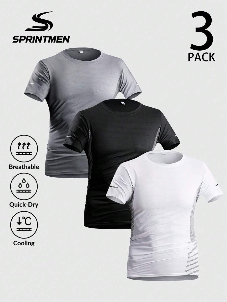 3件套男士圆领运动T恤，男士运动短袖T恤，柔软弹力训练上衣，健身房运动服，适合夏季跑步、健身、户外训练和日常穿着 - 彩色 - 查看 1
