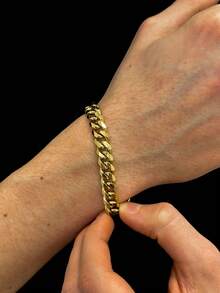 1pc 18K Gold Plated Stainless Steel 8.5mm Wide Punk Curb Chain Bracelet, Suitable For Men's Daily Wear And Party Attire