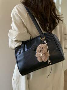 (Excluding Pendant Accessories)1pc Women's PU Leather Tote Bag Square Bag Large Capacity Oversized Scratch Resistant And Wear-Resistant Pouch For Passport Money ID Card Credit Card LightweightFor Commute/Commuting Fashion Casual Minimalist Suitable For Shopping, Commuting, Work, Dating, Shopping, Daily Travel - Black - View 2