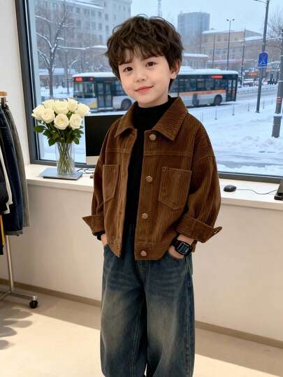 Young BoyCorduroy Jacket, Young Boy Casual Bomber Coat, Fashion Versatile Outerwear For Infants & Little Kids