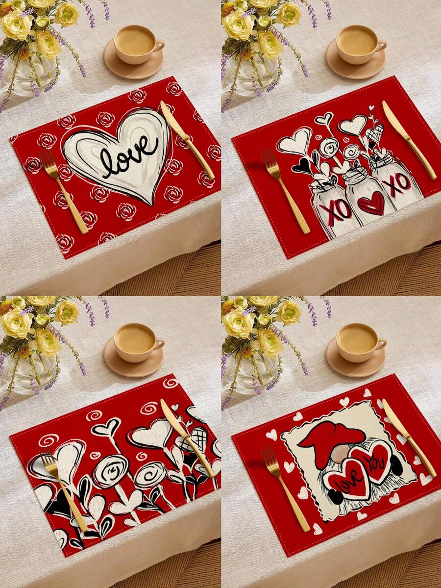 1件/4件/6件/60件装情人节涤纶装饰餐垫,心形玫瑰气球花瓶设计,防污餐垫,适用于家居、餐厅、餐桌装饰、乔迁、生日礼物 - 彩色 - 查看 1