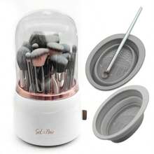 MX  Rotating Makeup Brush Holder With Lid Dustproof Vanity Organizer For Makeup Brushes Bonus Foldable Makeup Brush Cleaner Bowl Included Elegant White Storage Solution - White - View 1
