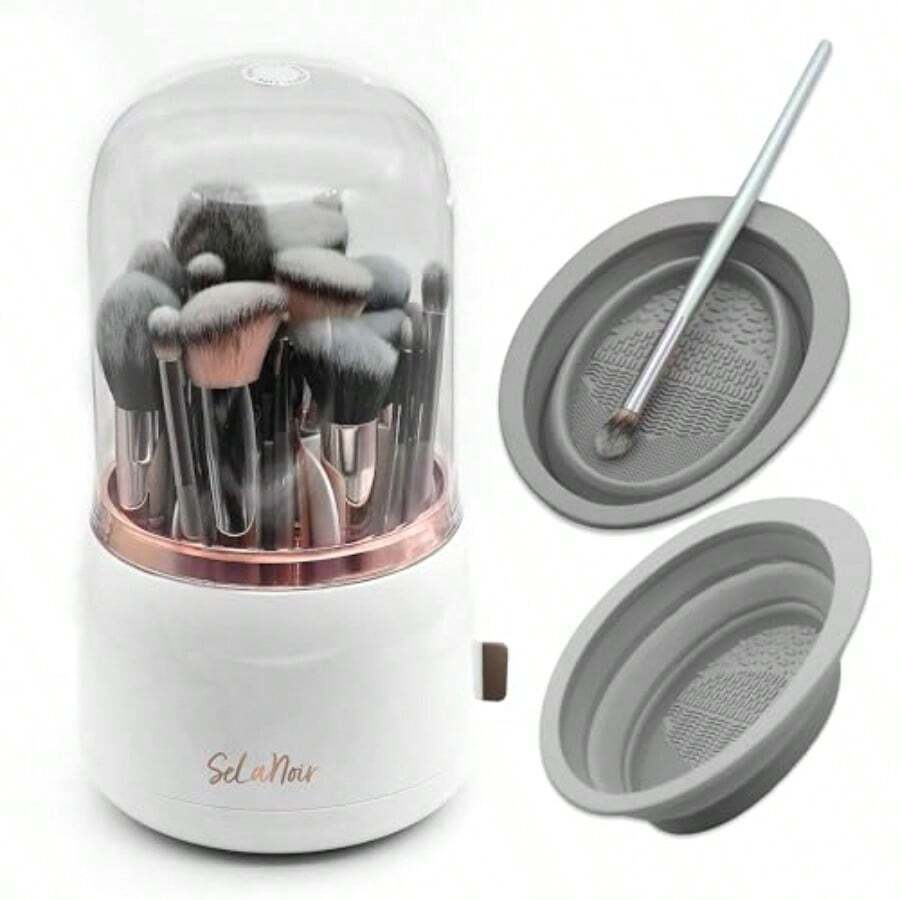 MX  Rotating Makeup Brush Holder With Lid Dustproof Vanity Organizer For Makeup Brushes Bonus Foldable Makeup Brush Cleaner Bowl Included Elegant White Storage Solution - White - View 1