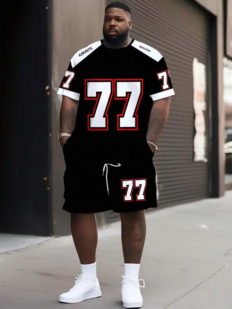 Men's Casual Street Style "77 Patchwork Contrast Color" Pattern Sports Suit - Polyester Knit Fabric, Round Neck Design, Drawstring Shorts, Pocket Details, Regular Fit, Suitable For Plus Size - Multicolor - View 1