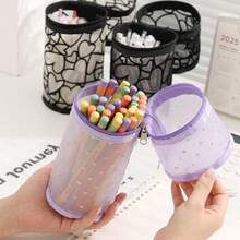 Mesh Cylindrical Storage Bag, Cosmetic Storage Bag Round Makeup Brush Storage Bag, Large Capacity Cosmetic Storage Bag Large Capacity Vertical Transparent High-End Stationery Box Cylindrical Student Pen Holder Bag New Year Gift, Valentine's Day Gift, Women's Day Gift - Multicolor - View 1