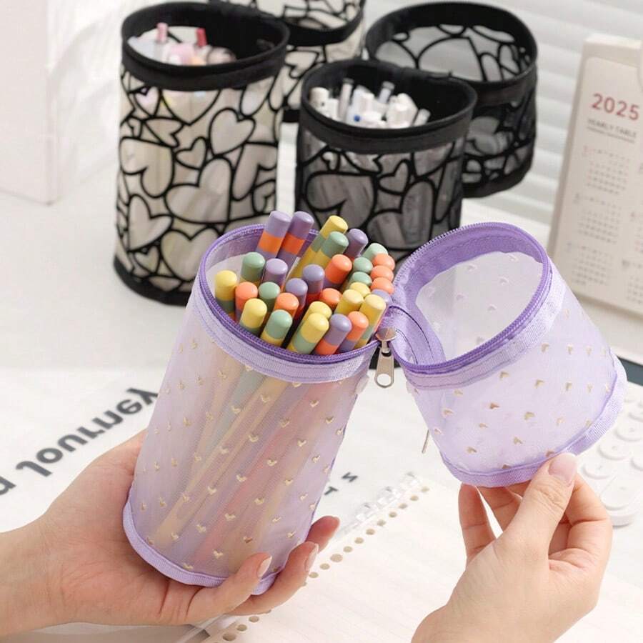 Mesh Cylindrical Storage Bag, Cosmetic Storage Bag Round Makeup Brush Storage Bag, Large Capacity Cosmetic Storage Bag Large Capacity Vertical Transparent High-End Stationery Box Cylindrical Student Pen Holder Bag New Year Gift, Valentine's Day Gift, Women's Day Gift - Multicolor - View 1