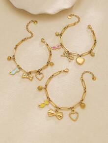 1pc Cute Dripping Kitten Bow Heart Pendant Stainless Steel Handmade Bracelet, Fashionable Design, Suitable As A Gift Bracelet For Girls, Pink, Adjustable And Detachable Bracelet. - Gold - View 3