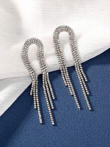 Nooxian 1对时尚迷人派对风格女士耳环，闪亮钻石流苏奢华锆石爪链流苏耳环 - 銀色 - 查看 3