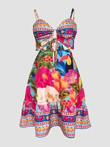 ChicMe Đầm nữ họa tiết nhiệt đới khoét eo, dây đeo, hở lưng, buộc dây, ngắn, thích hợp cho kỳ nghỉ, tiệc tùng mùa hè, thanh lịch. - Nhiều màu - Xem 3