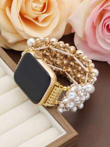Huastonband 1件金色調全水鑽與珍珠彈性手環錶帶女款 Ultra3 2/SE/S11/S10/S9/S8/S7/S6/S5/S4/S3/S2/1，38mm/40mm/41mm/42mm/44mm/45mm/46mm/49mm，奢華珍珠與鑽石鍍彈性手鍊，時尚獨特設計適用於派對、海灘、婚禮、畢業典禮及其他場合 - 金色 - 查看 5