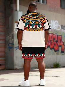Conjunto de camiseta y pantalones cortos de estampado geométrico bohemio de verano para hombre - Multicolor - Ver 4