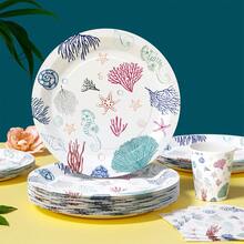 1 Set Of 25 Disposable Party Supplies With Ocean Fossil Design Plates, Napkins, Cups - Suitable For Birthday, Wedding, Theme Party, Family Picnic - Multicolor - View 3