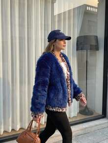 Women's Luxury Royal Blue Faux Fur Jacket Elegant Leopard Print Lining Fluffy Fuzzy Coat, Thick Warm Winter Outerwear For Carnaval Party Night Out Streetwear Chic Mob Wife Aesthetic Old Money Bontjas Fashion Panterprint - Royal Blue - View 7