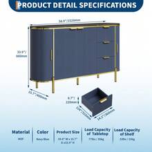clóset Buffet con Almacenamiento, Moderno clóset de Almacenamiento Credenza Estriado de 60 Pulgadas con Parte Superior de mármol sintético, 2 Puertas correderas de Perfil Curvado y 3 cajones - Azul - Ver 2