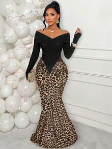 AIJ Amarilo Black & White Patchwork Sexy Off-Shoulder Ruffle Hem Long Sleeve Asymmetrical Pleated Waist Fitted Elegant Maxi Party Dress, Made Of Stretchy Knit Fabric, Suitable For Christmas, New Year, Graduation, Gala, Autumn/Winter Occasions - Brown - View 8