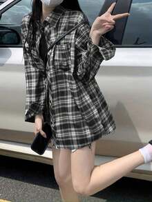 女士休闲宽松落肩格纹衬衫，适合日常、办公和上学穿着，春秋季款 - 黑色 - 查看 4