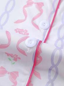 HOREA 2pcs Cute Bow & Floral Print Washable Loungewear Set For Women, Short Sleeve Collared Cardigan Top And Elastic Waist Shorts, Casual Pajamas & Homewear For All Seasons - Hồng - Xem 4