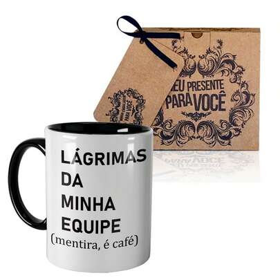 Caneca Preta Divertida, Mais caixinha de presente com a Frase Lagrimas da Minha Equipe.