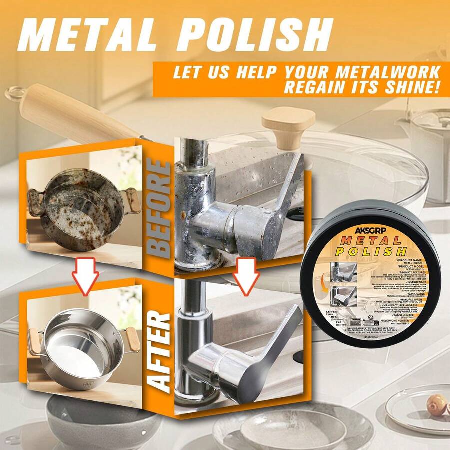 1支金属抛光膏 - 除锈、去氧化、恢复光泽 | 不含研磨剂，持久光亮，适用于厨房用具、汽车轮毂、家具五金和珠宝首饰