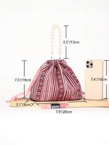 Classic Fashion Striped Pearl Drawstring Pouch, Simple Casual Pleated Metal Chain Crossbody Mini Cute Cloud Handbag - Multicolor - View 5