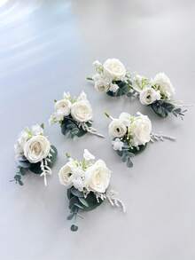 1pc/6pcs Artificial Silk Ivory Rose Flower Groom Boutonniere Man Brother Corsage Graduate Pin Suit Wedding Flowers Party Deocration - Milky White - View 10