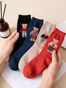 3 pares de calcetines de media caña con oso aleatorio, calcetines largos gruesos de dibujos animados dulces, calcetines holgados de estilo japonés - Multicolor - Ver 2