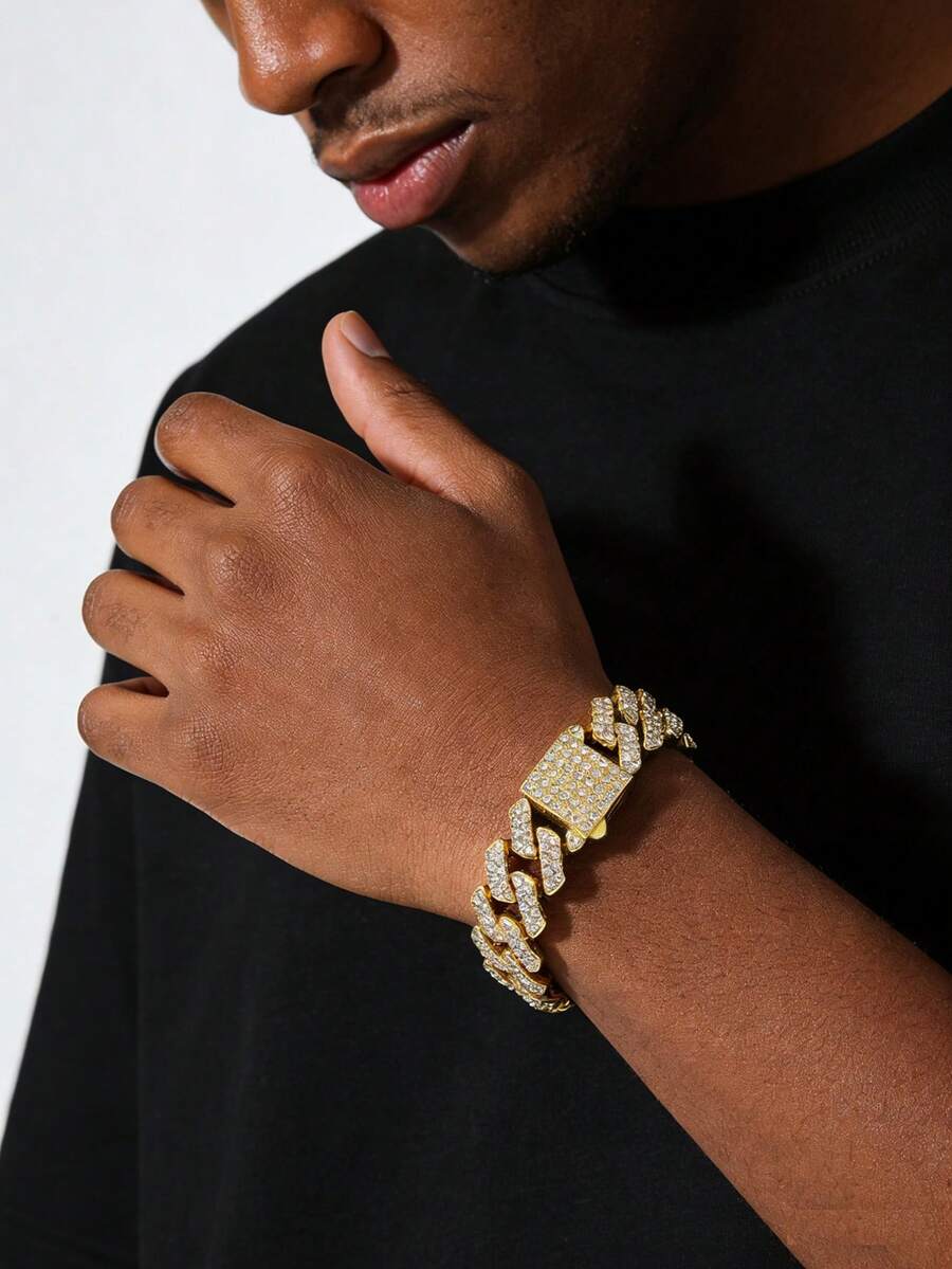 1pc Men's 14mm Wide Diamond-Encrusted Rhombus Link Chain Bracelet, Hip Hop Style - Style a - View 1