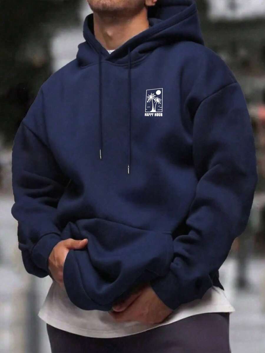 男士休闲百搭简约字母棕榈树印花抽绳连帽衫,带袋鼠口袋,保暖内衬,秋冬款 - 藏蓝色 - 查看 1