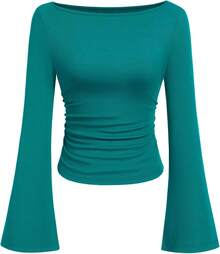 Womens Long Sleeve Shirts 2026 Spring Crop Going Out Tops Casual Boat Neck Sleeve Ribbed Ruched Y2K Clothes - Dark Cyan - View 10