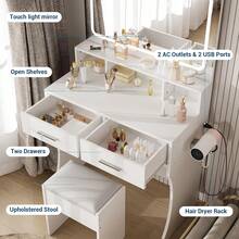 Mesa de tocador con espejo y luces – Pequeño conjunto de mesa de maquillaje con cajones, estación de carga y taburete, mesa de tocador compacta de madera para dormitorios de niñas, residencias y apartamentos - Blanco - Ver 6