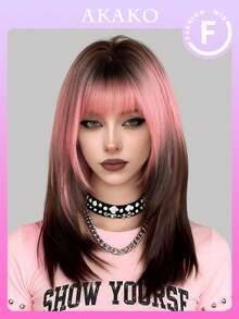 AKAKO 中长款粉金渐变层次假发，女士适用 - 合成直发假发，带刘海，深色发根，外观自然，耐热纤维材质，适合日常派对、情人节、音乐节和万圣节角色扮演，20英寸 - 漸層粉紅色 - 查看 1