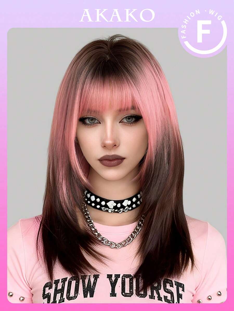 AKAKO 中长款粉金渐变层次假发，女士适用 - 合成直发假发，带刘海，深色发根，外观自然，耐热纤维材质，适合日常派对、情人节、音乐节和万圣节角色扮演，20英寸 - 漸層粉紅色 - 查看 1