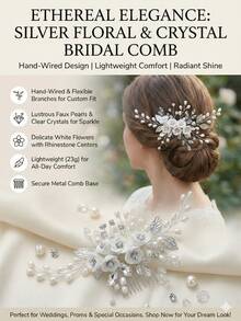 1pc Bridal Wedding Hair Accessories, Floral Pearl & Crystal Hair Comb Clip For Bridesmaid Prom Party - Silver - View 7