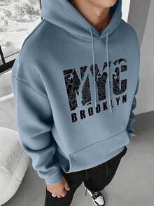 Preppy Lettering Men's Casual Street Hoodie, Drawstring Pocket, Slogan Print, Spring/Autumn, Long Sleeve TopLoose And Comfortable,Casual And Easy-Goin,Valentine's Day Hoodie For Couples,New Years Outfit Women - 淺藍色 - 查看 11