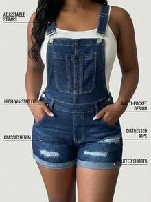 Damshorts med justerbara remmar och slitna muddar, tvättade denimbyxor, sommar - Mediumtvätt - Visa 4