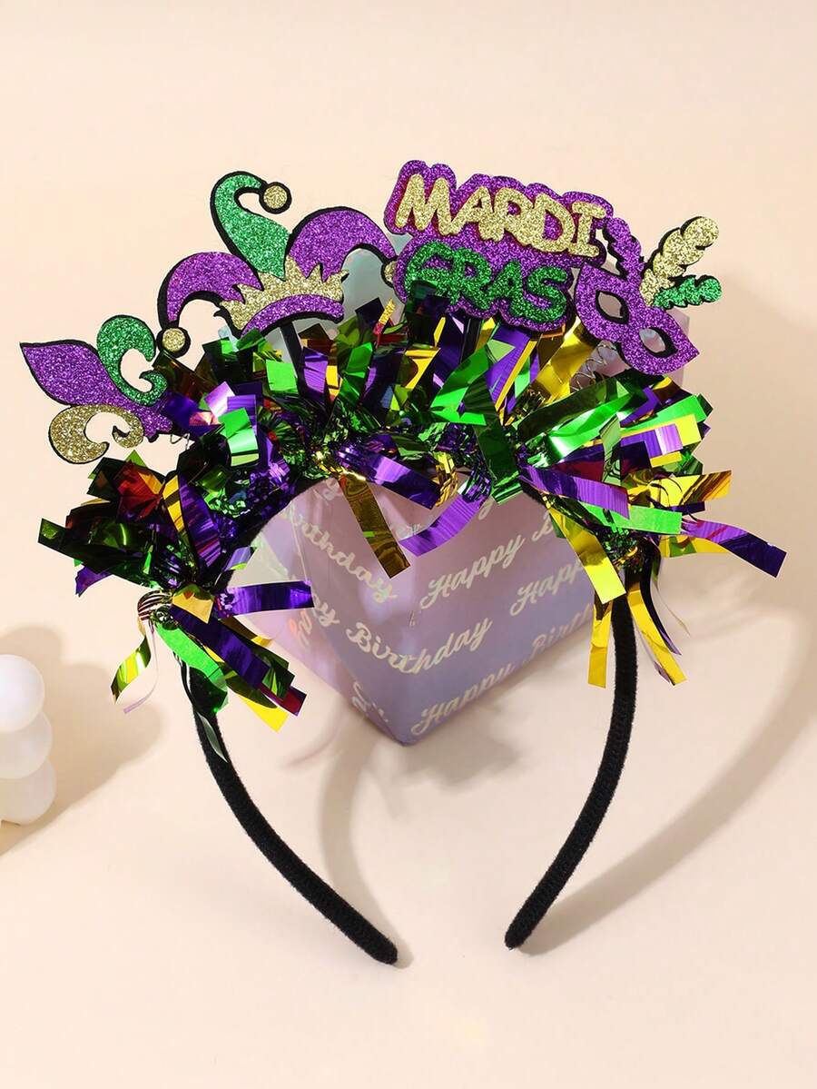 1 chiếc băng đô Mardi Gras cho tuổi teen, mặt nạ lấp lánh, mũ hề và biểu tượng hoa diên vĩ, băng đô cài tóc nhiều màu sắc, phụ kiện tóc sống động cho bữa tiệc Carnival, phụ kiện tóc cho tuổi teen - Nhiều màu - Xem 1