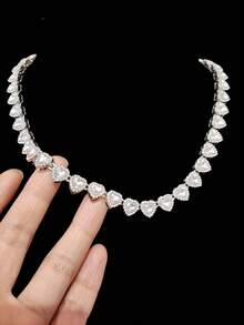 1pc Women's Punk Rock Heart & Circle Chain Necklace, Fully Rhinestoned Chain Necklace, Fashionable & Elegant Jewelry, Suitable For Daily Wear Or Parties, Valentine's Day Gift, 2 Styles Available - Silver - View 4