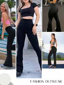 Women's Solid Color Casual Yoga Flare Pants, High Elasticity Running Fitness Quick-Dry Pants, Sports Wear High Waist  Fit Wide Leg Pants, Suitable For Gym Workout,  Elastic &Amp; Comfortable, Suitable For All Seasons Exercise, Yoga And Casual Wear - 黑色 - 查看 9