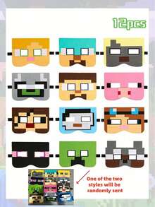 12pcs/Set Minecraft Pixel Battle Game Themed Masks - Steve, Alex, Villager, Passive Characters, Fun Photo Props, Suitable For Holidays, Halloween, Christmas, Family Gatherings, Birthday Parties, Cosplay Decoration
