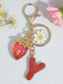 1 pezzo Portachiavi a forma di lettera con fragola rossa, ciondolo floreale carino, portachiavi minimalista per borsa, regalo per donne - Rosso - Visualizzare 24