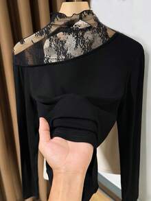 早春撞色蕾丝荷叶边女士打底衫，秋冬休闲黑色 - 黑色 - 查看 5