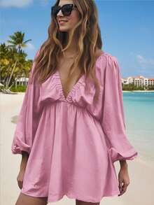 Women's Summer Vacation Solid Deep V-Neck Lantern Sleeve Backless Dress - Baby Pink - View 2