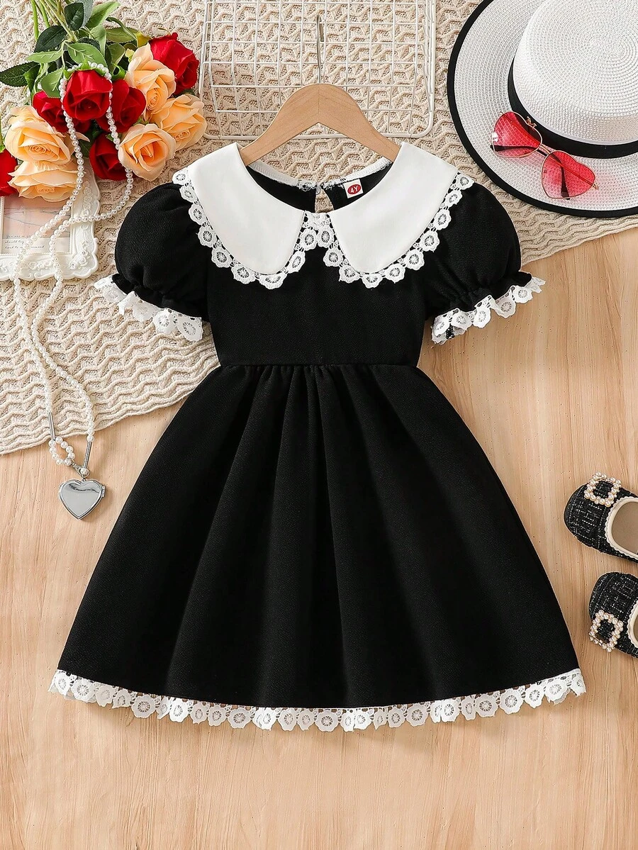 少女时尚休闲可爱彼得潘领荷叶边连衣裙 - 黑色 - 查看 1