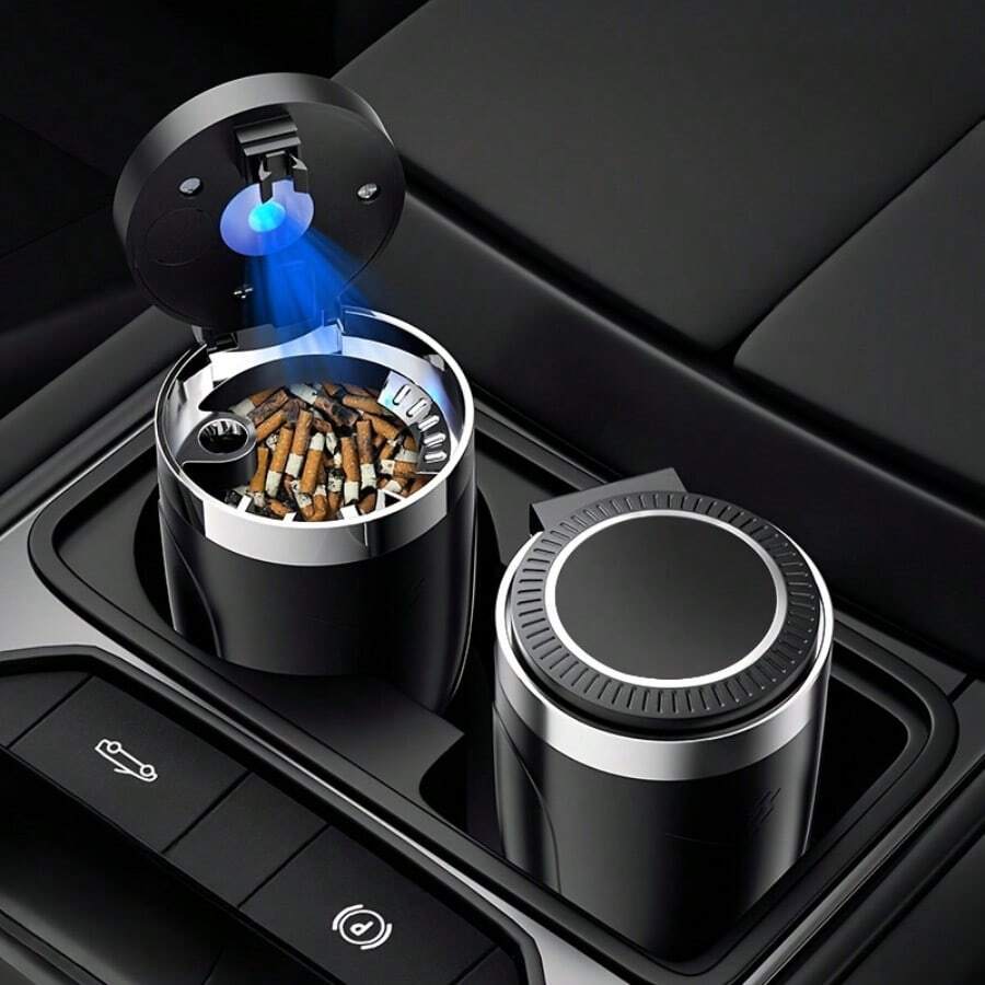 Ashtray With Lid,Smokeless Ashtray For Cup Holder Smell Proof,Detachable Stainless Steel Car Ash Tray With LED Auto Light, For Most Car, Office, Home - 黑色的 - 查看 1