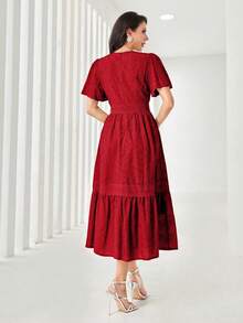 Women's Plain Midi Dress With Lining And Cut-Out Details, Featuring A Round Neckline, Puff Sleeves, Embroidery, And A Gathered Hem. - 紅色 - 查看 2