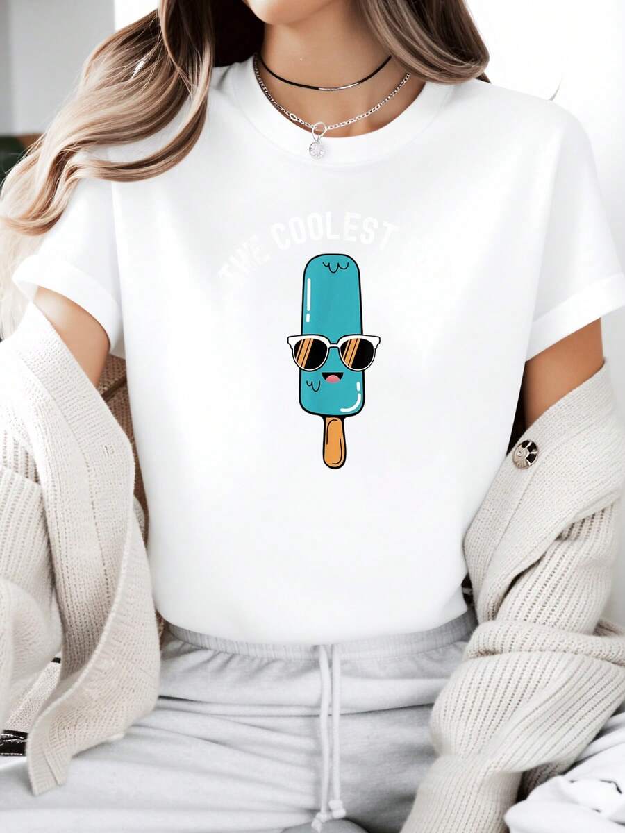 The Coolest Pop Ice Cream Popsicle Graphic Print Crewneck T-Shirt Casual Summer Wear For Women And Girls 220g - trắng - Xem 1