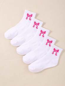 5双白色儿童中筒袜，儿童运动袜，白色袜子配粉色蝴蝶结，适合女孩日常穿着/搭配，新学期跑步袜，透气、舒适、柔软，适合1-16岁儿童 - 彩色 - 查看 2