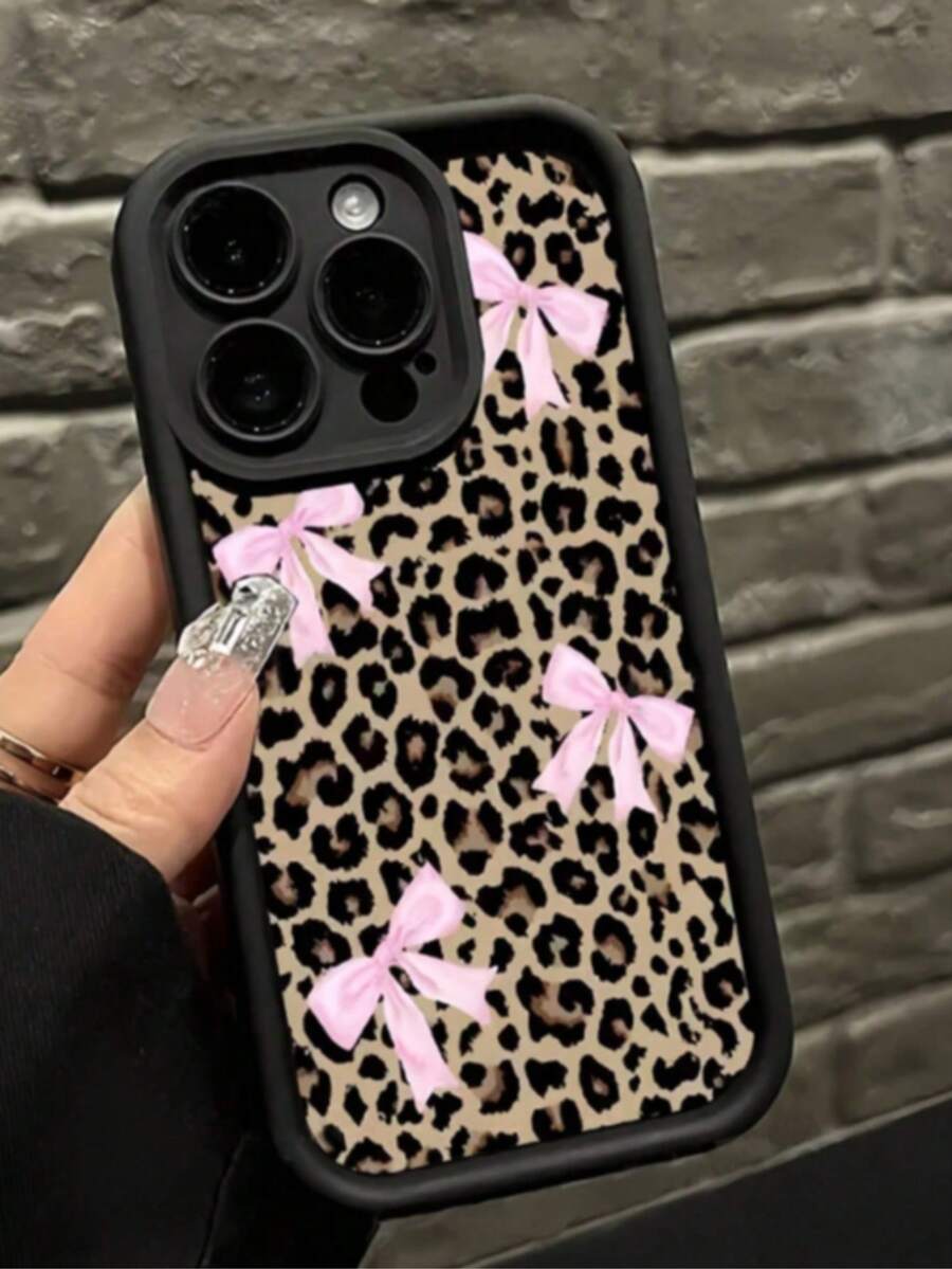 1 件装黑色豹纹蝴蝶结设计高级手机壳，兼容苹果 16、15、14、13、12、11 Pro Max 和 Series 系列 - 彩色 - 查看 1