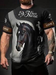 Men's Summer Short Sleeve T-Shirt - Horse Pattern Print "Love Horse" Design, Breathable Crew Neck Casual Top Suitable For Outdoor Activities And Daily Wear, Fashionable And Comfortable Style |   Gift For Horse Enthusiasts - 混合色 - 查看 2